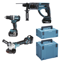 Makita DLX3093TJ 18V LXT 3 delige set: DGA513 Haakse slijper + DHP484 (Klop)boormachine + DHR202 Boorhamer met 3 x 5.0Ah accu&apos;s - DLX3093TJ - thumbnail