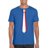 Supporters T-shirt - blauw - met vlag Frankrijk kleuren stropdas - heren - korte mouw