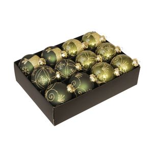 12x stuks luxe glazen gedecoreerde kerstballen donkergroen 7,5 cm - Kerstbal