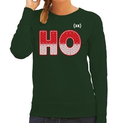 Bellatio Decorations Foute Kersttrui - sweater - HO HO HO - groen - voor dames - kerstkleding
