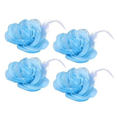 Decobloem voor het haar met elastiek en speld - 4x - blauw - ongeveer 8 cm