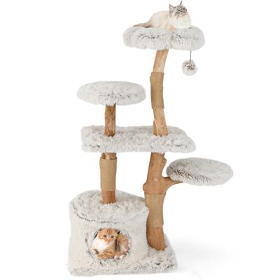 Moderne Kattenboom 135 cm Hoge Kattentoren met Jute Krabpalen Pluchen Zitstok Kattenboom van Massief Hout voor Binnenkatten