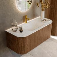 Mondiaz KURVE-DLUX 110 cm Onderkast Greeploos 1 Lade Met Deuren Walnut, Wastafel Solid Surface Midden Opalo 1 Kraangat Zonder Spiegel (KRVCLO110L+R1L2D1KM-Wal/Opa)