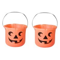 Pompoen trick or treat snoep emmertje - 2x stuks - 14 x 17 cm - Halloween - snoep ophalen - kunststo