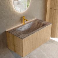 Badmeubel Mondiaz Kurve-Dlux | 90 cm | Meubelkleur Oak | Wastafelkleur Oza | Solid surface | Wasbak midden spoelbak | 1 kraangat