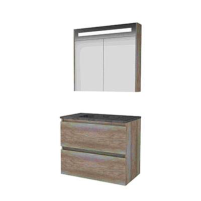 Basic-Line Premium 46 Badkamermeubelset - 80 x 46 cm - Greeploos - 2 Lades - Hardstenen Wastafel - 1 Kraangat - Spiegelkast met LED Verlichting - Scotch Oak