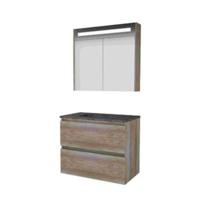 Basic-Line Premium 46 Badkamermeubelset - 80 x 46 cm - Greeploos - 2 Lades - Hardstenen Wastafel - 1 Kraangat - Spiegelkast met LED Verlichting - Scotch Oak