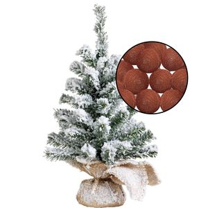 Mini kerstboom besneeuwd -incl. lichtslinger met bollen terracotta bruin- H45 cm