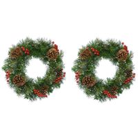 2x stuks kerstkransen/dennenkransen groen met sneeuw en versiering 50 cm - Kerstkransen - thumbnail