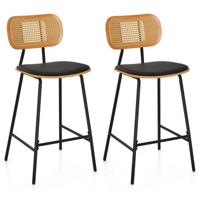 Rotan Barkruk Set van 2 Barkrukken op Counterhoogte met Rotan Rugleuning van Kunstleer Hoge Stoelen voor aan de Bar 45 x 45 x 94 cm