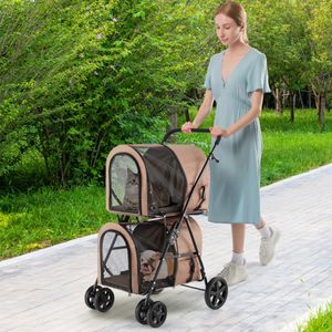 4-in-1 Multifunctionele Kat & Hond Wandelwagen 2-Laags Hondenbuggy Huisdierbuggy tot 16 kg Snel in te Klappen Beige