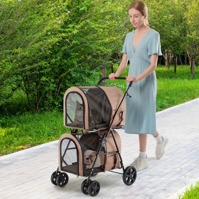 4-in-1 Multifunctionele Kat & Hond Wandelwagen 2-Laags Hondenbuggy Huisdierbuggy tot 16 kg Snel in te Klappen Beige