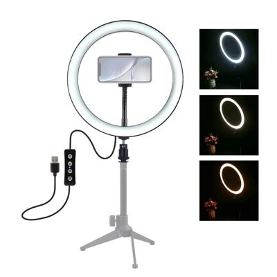 PULUZ 10 inch USB 3 modi Dimbare LED ring VLogging Selfie fotografie video lichten met koude schoen statief bal hoofd & telefoon klem