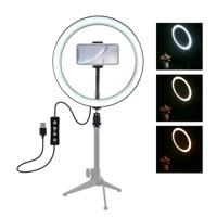 PULUZ 10 inch USB 3 modi Dimbare LED ring VLogging Selfie fotografie video lichten met koude schoen statief bal hoofd & telefoon klem