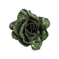 Groene roos met glitters op clip 10 cm - kerstversiering