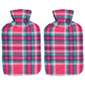 Set van 2x stuks water kruik met fleece hoes roze Schotse ruit print 1,7 liter