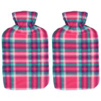 Set van 2x stuks water kruik met fleece hoes roze Schotse ruit print 1,7 liter