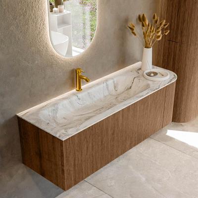 Mondiaz KURVE-DLUX 135 cm Onderkast Greeploos 1 Lade Met Deuren Walnut, Wastafel Solid Surface Links Glace 1 Kraangat Zonder Spiegel (KRVBGM135R1L1D1KL-Wal/Gla)
