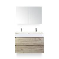 Maxx XL Badmeubelset 100 cm - Craft Oak - Wastafel Kube 2 kraangaten - met Spiegelkast