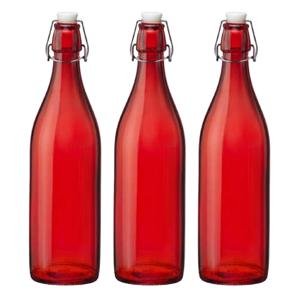 Bormioli rocco waterfles met beugeldop - 6x stuks - rood transparant - 1000 ml - Giara home deco fle