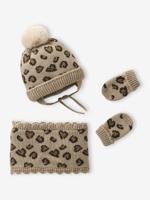 Luipaard set muts, snood en wanten baby taupe