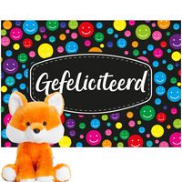 Keel Toys oranje pluche Vos knuffel 14 cm met Gefeliciteerd A5 wenskaart - thumbnail