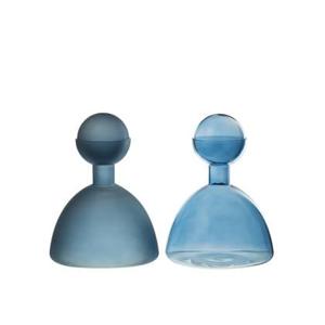 J-Line Vaas Fles+Dop Rond Glas Blinkend|Mat Blauw Assortiment Van 2