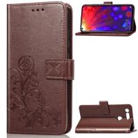 Lucky Clover ingedrukt bloemen patroon lederen draagtas voor Huawei V20 met houder & kaartsleuven & portemonnee & hand strap (bruin)