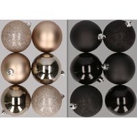 12x stuks kunststof kerstballen mix van champagne en zwart 8 cm - thumbnail