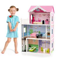 114 cm Hoog Poppenhuis met Werkende Lift en Draaibare Trap Houten Poppenhuis met Fantasiekamers Accessoires Meubels
