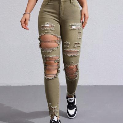 Bon&Bon Women's High Waist Skinny Jeans - Ripped Light Grey Denim Army Green / XXL