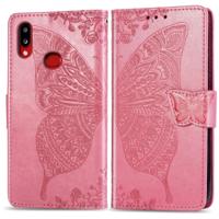Voor Galaxy A10s Butterfly Love bloemen reliëf horizontale Flip lederen draagtas met houder & kaartsleuven & portemonnee & Lanyard (roze)