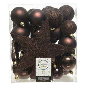 33x Kunststof kerstballen mix donkerbruin 5-6-8 cm kerstboom versiering/decoratie   -