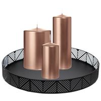 Cilinderkaarsen stompkaarsen - set van 3x - op dienblad - rose goud - 6 x 12 - 10x15 - 7x20 cm