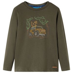 Kindershirt met lange mouwen terreinwagenprint 104 kakikleurig