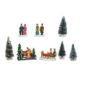 8x stuks kerstdorp accessoires figuurtjes/poppetjes en kerstboompje