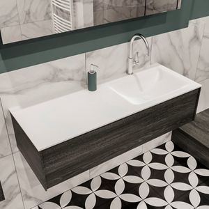 Mondiaz Lush Cloud badmeubel eiken donker bruin 120 cm 1 lade solid surface enkele spoelbak rechts 1 kraangat