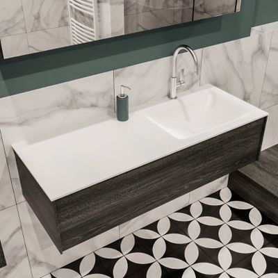 Mondiaz Lush Cloud badmeubel eiken Dark brown 120 cm 1 lade solid surface enkele spoelbak rechts 1 kraangat