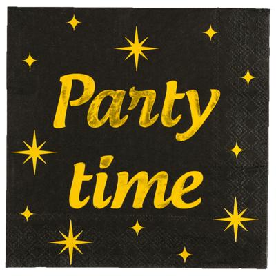 Verjaardag feest servetten - Party Time - 16x stuks - zwart/goud - 33 x 33 cm