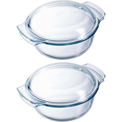 Ovenschaal met deksel - 2x - glas - rond - 1,3 liter - 18 x 10 x 21 cm