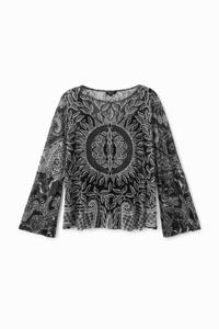 Wijd uitlopend T-shirt met mandala's - BLACK - S