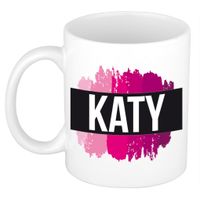 Naam cadeau mok / beker Katy  met roze verfstrepen 300 ml   -