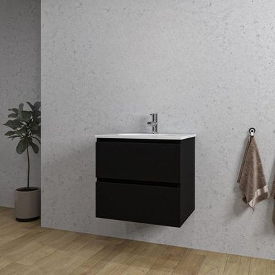 Adema Chaci Badkamermeubelset - 60x46x57cm - 1 ovale keramische wasbak wit - 1 kraangat - 2 lades - mat zwart SW1212760/SW718716