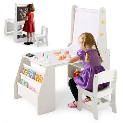 Kinderkunsttafel- en Stoelen set Kindertafel met Ezel & Stoel Whiteboard & Krijtbord Grijs