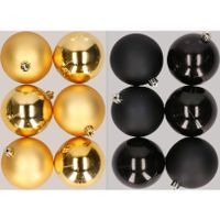 12x stuks kunststof kerstballen mix van goud en zwart 8 cm