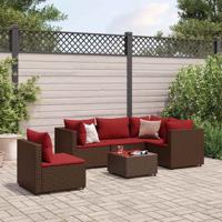 6-delige Loungeset met kussens poly rattan bruin