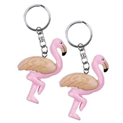Sleutelhanger flamingo - 2x - roze - ca. 7 cm - hout - dierensleutelhanger - vogelfiguur