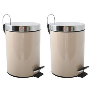 Prullenbak/pedaalemmer - 2x - metaal - beige - 3 liter - 17 x 25 cm - Badkamer/toilet