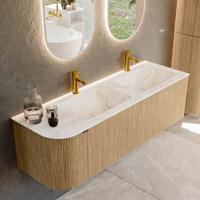 Badmeubel Mondiaz Kurve-Dlux | 145 cm | Meubelkleur Oak | Wastafelkleur Frappe | Solid surface | Dubbele spoelbak | 2 kraangaten