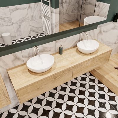 Mondiaz Lush Barco badmeubel Washed oak 180 cm 2 lades mdf 2 waskommen beide zijden 2 kraangaten